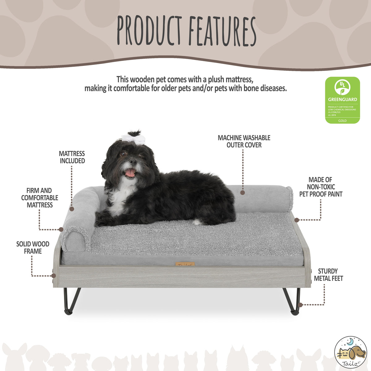 Small Wooden Elevated Pet Bed with Mattress